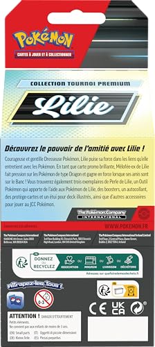 Pokémon : Collection Tournoi Premium – Lilie du JCC Pokémon (1 Carte Promo Brillante entièrement illustrée de Mélofée-ex de Lilie, 6 boosters et des Accessoires)