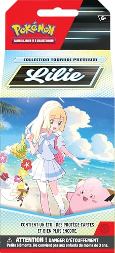 Pokémon : Collection Tournoi Premium – Lilie du JCC Pokémon (1 Carte Promo Brillante entièrement illustrée de Mélofée-ex de Lilie, 6 boosters et des Accessoires)