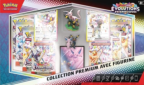 Pokémon : Collection Premium avec Figurine Écarlate et Violet – Évolutions Prismatiques du JCC Pokémon (2 Cartes Promo Brillantes texturées, 11 boosters)
