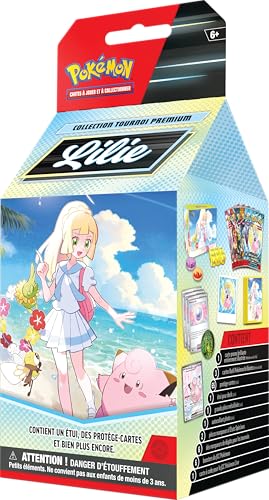 Pokémon : Collection Tournoi Premium – Lilie du JCC Pokémon (1 Carte Promo Brillante entièrement illustrée de Mélofée-ex de Lilie, 6 boosters et des Accessoires)