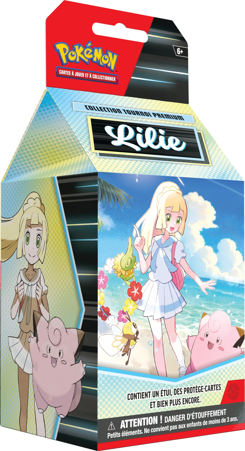 Pokémon : Collection Tournoi Premium – Lilie du JCC Pokémon (1 Carte Promo Brillante entièrement illustrée de Mélofée-ex de Lilie, 6 boosters et des Accessoires)