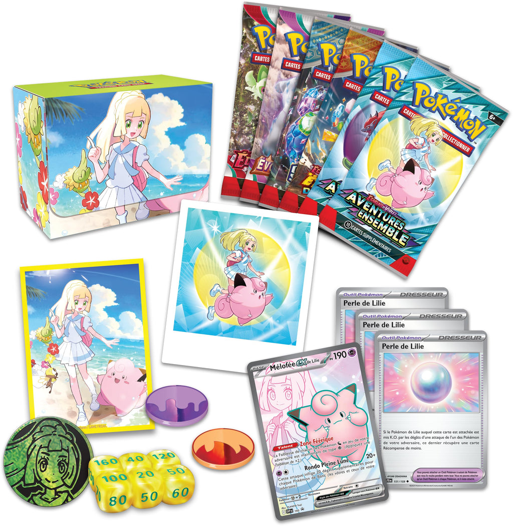 Pokémon : Collection Tournoi Premium – Lilie du JCC Pokémon (1 Carte Promo Brillante entièrement illustrée de Mélofée-ex de Lilie, 6 boosters et des Accessoires)