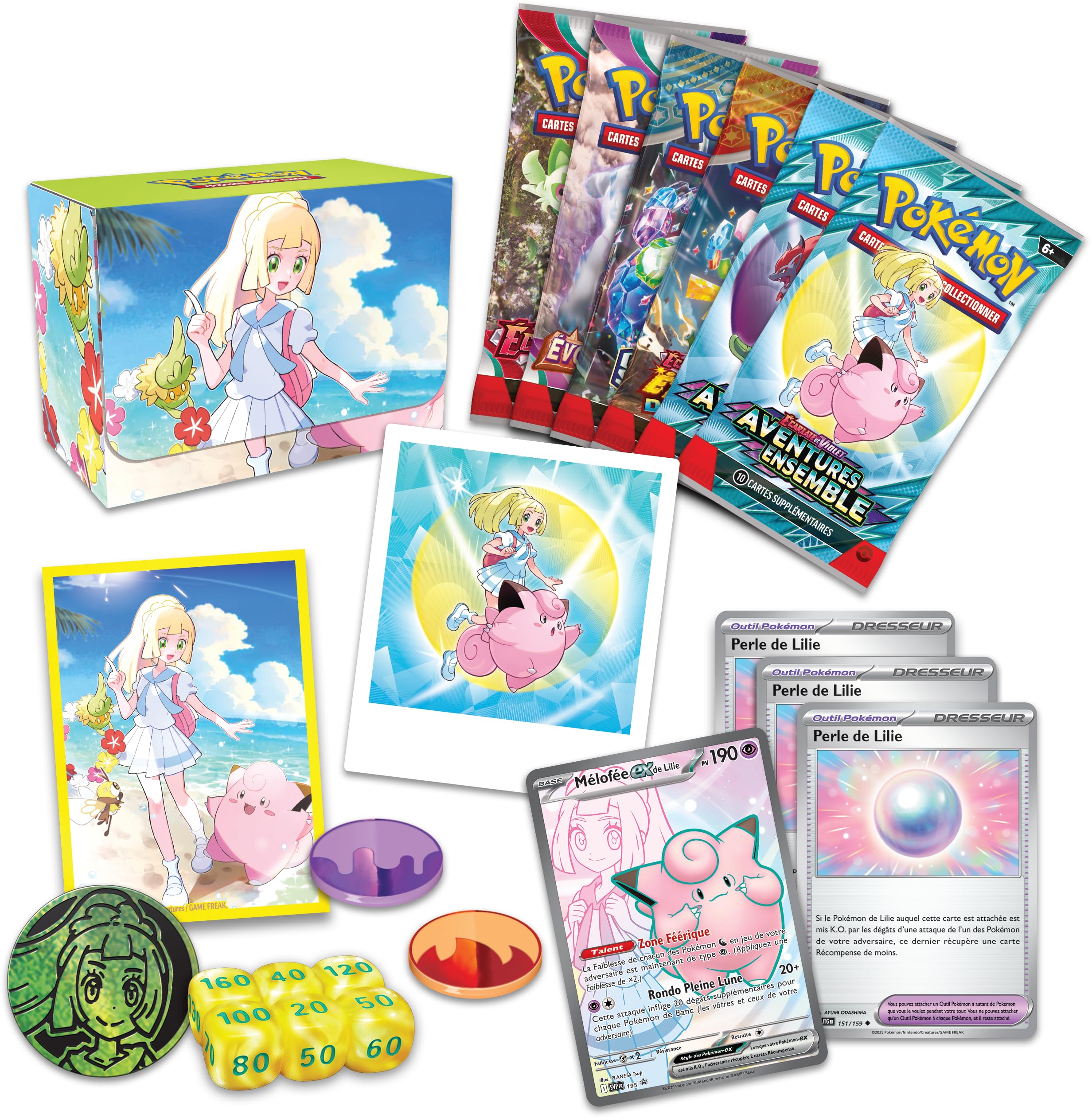 Pokémon : Collection Tournoi Premium – Lilie du JCC Pokémon (1 Carte Promo Brillante entièrement illustrée de Mélofée-ex de Lilie, 6 boosters et des Accessoires)
